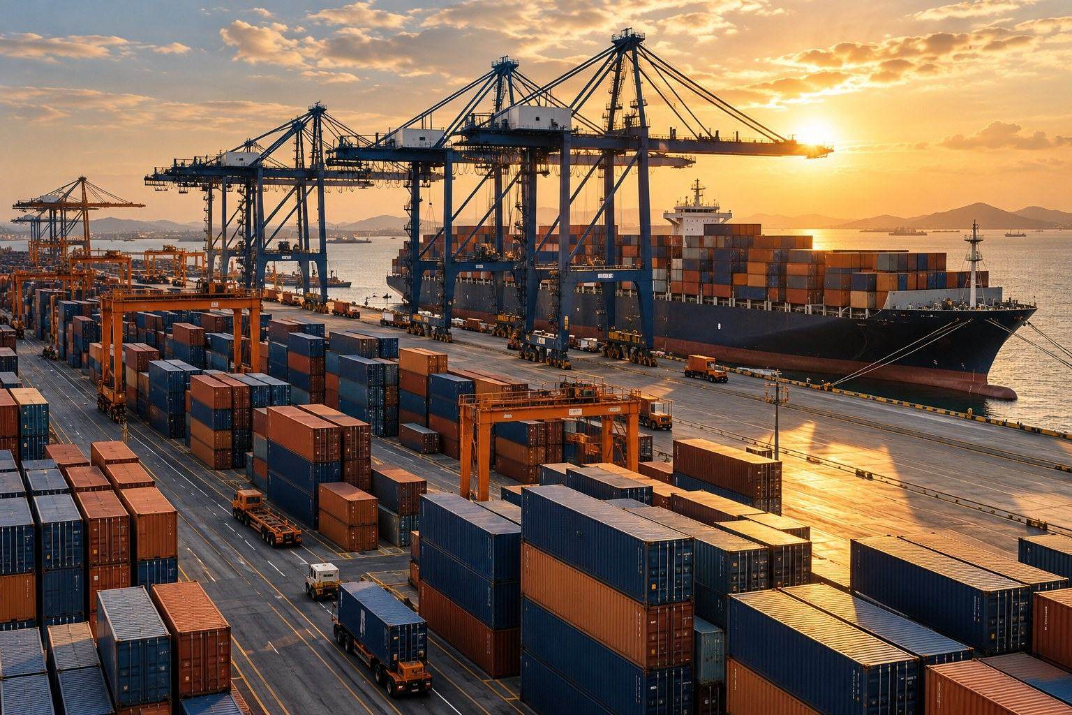 Container terminal at sunset with a cargo vessel and quay cranes